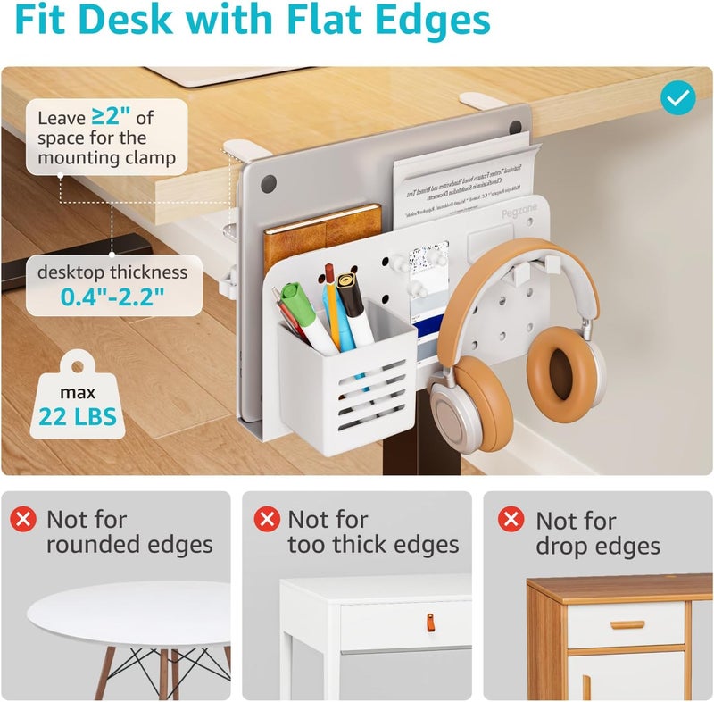 PEGZONE Desk Side Storage Organizer, No Drill Under Desk Laptop Holder, Clamp on Desks Shelf with Pegboard Accessories, Hanging Laptop Mount, Fits Flat Edge 0.4" to 2.2", White - Image 3